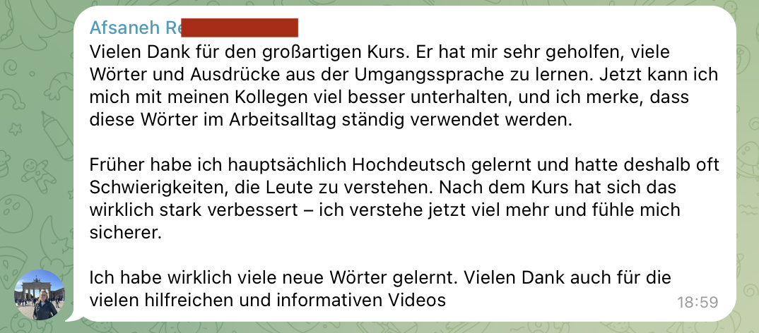 Nachricht einer Teilnehmerin über ihre Fortschritte.