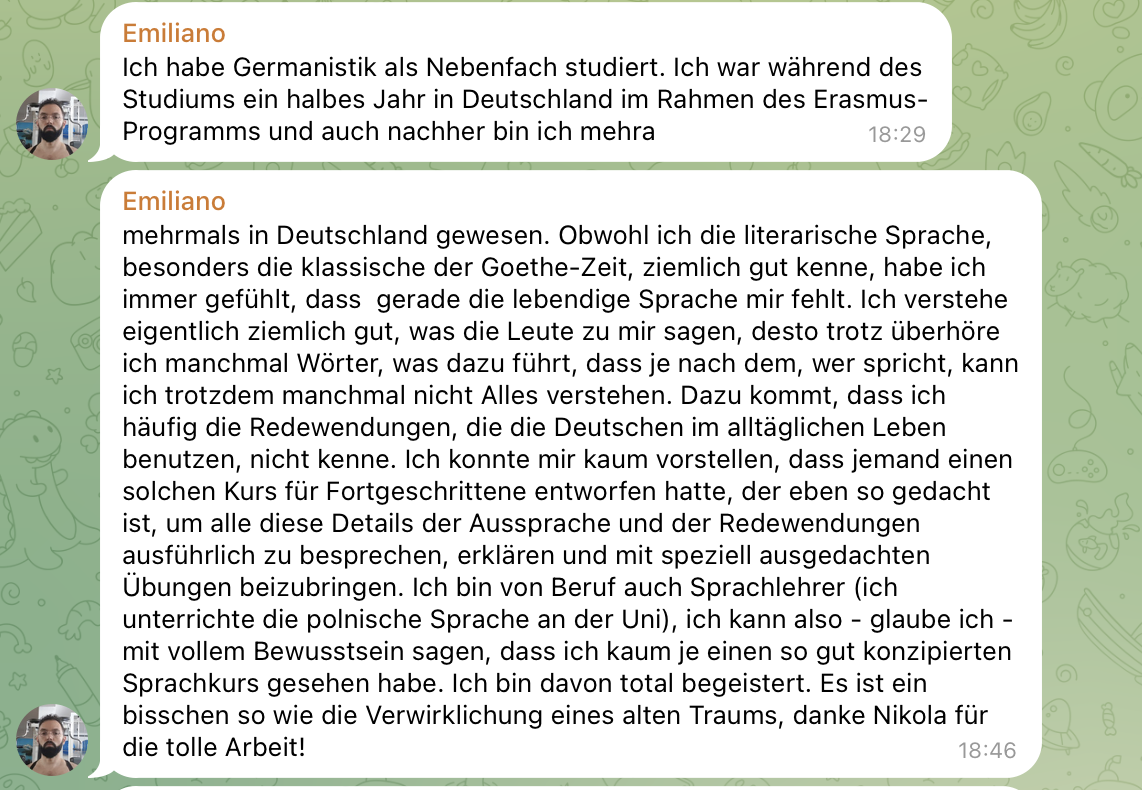 Nachricht eines Teilnehmers über den Kurs.