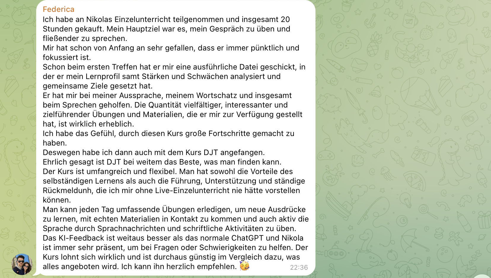 Nachricht einer Teilnehmerin über den Kurs.