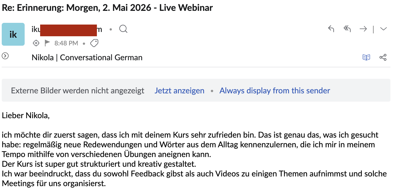Nachricht einer Teilnehmerin über den Kurs.