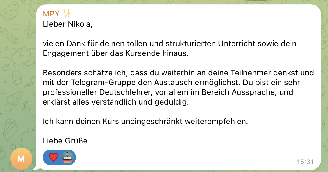 Nachricht eines Teilnehmers über den Kurs.