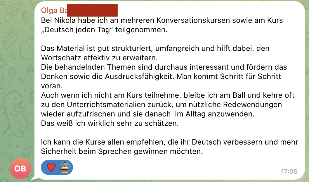 Nachricht einer Teilnehmerin über den Kurs.