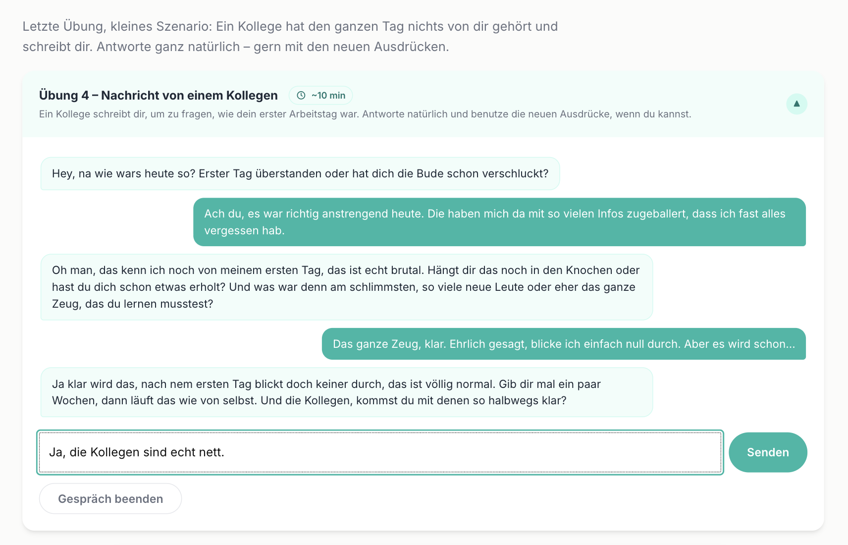 Chatübung im Kurs, in der die KI auf die Nachrichten des Lernenden antwortet.