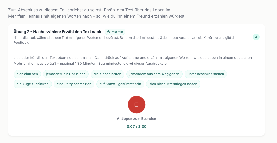Sprechübung im Kurs mit Aufnahmeknopf und der Rückmeldung zur eigenen Aufnahme.
