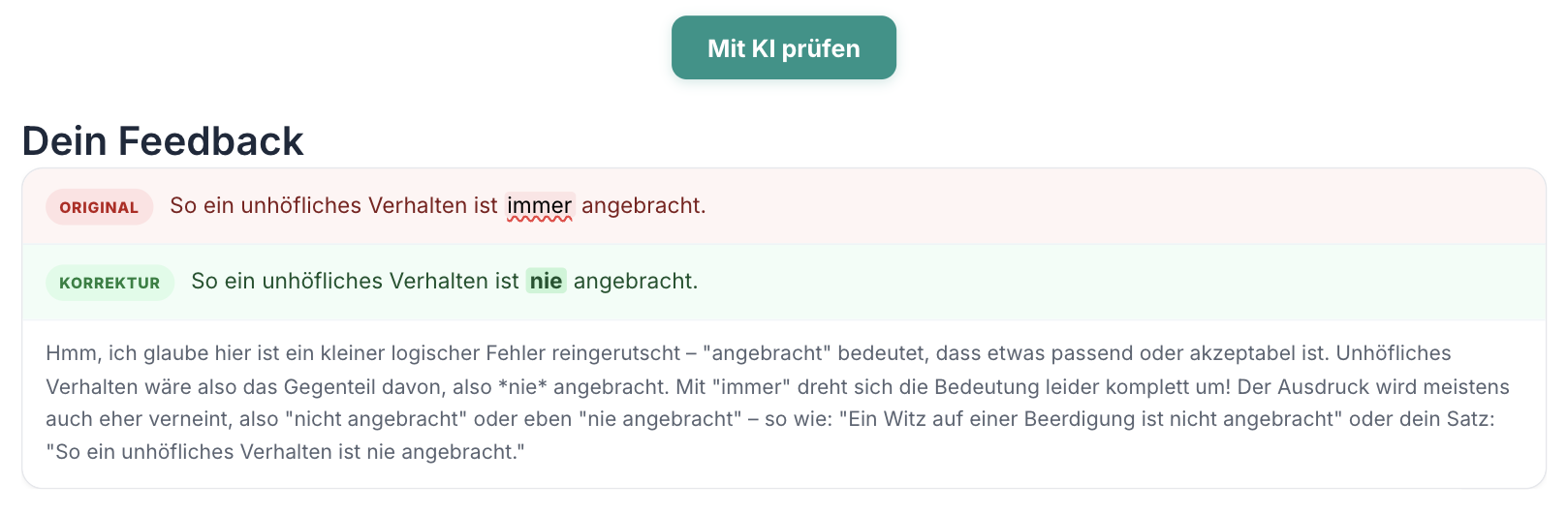 Rückmeldung zu einer eingereichten Antwort mit Verbesserungsvorschlägen.