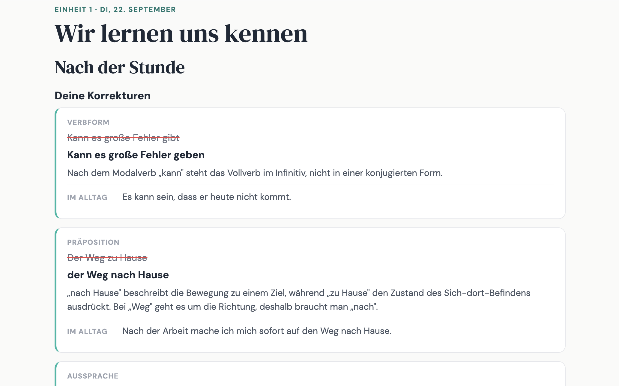 Korrekturkarten nach der Stunde mit der richtigen Fassung und der Erklärung dazu.