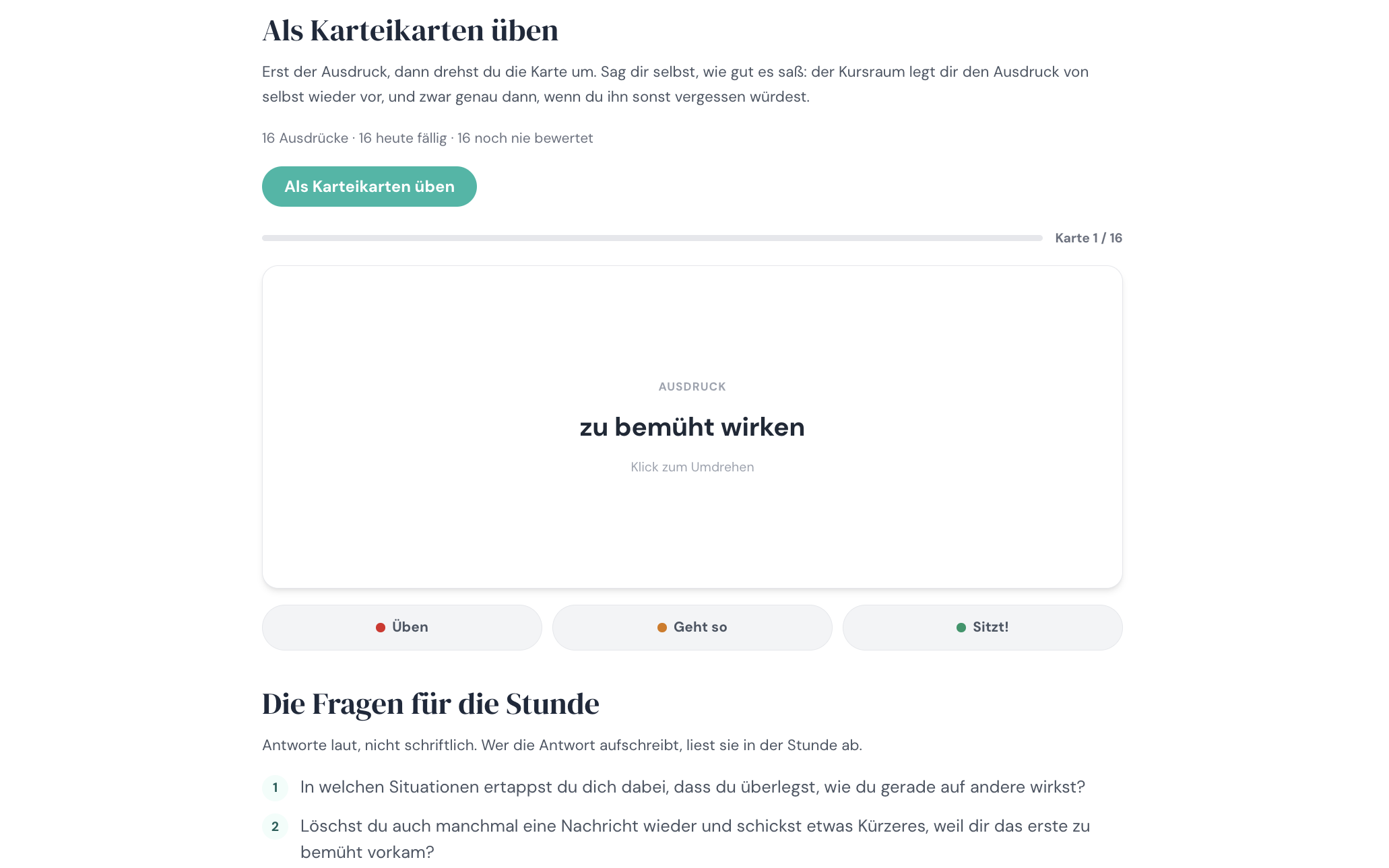 Karteikarte mit einem Ausdruck aus der Einheit und den drei Knöpfen zur Bewertung.