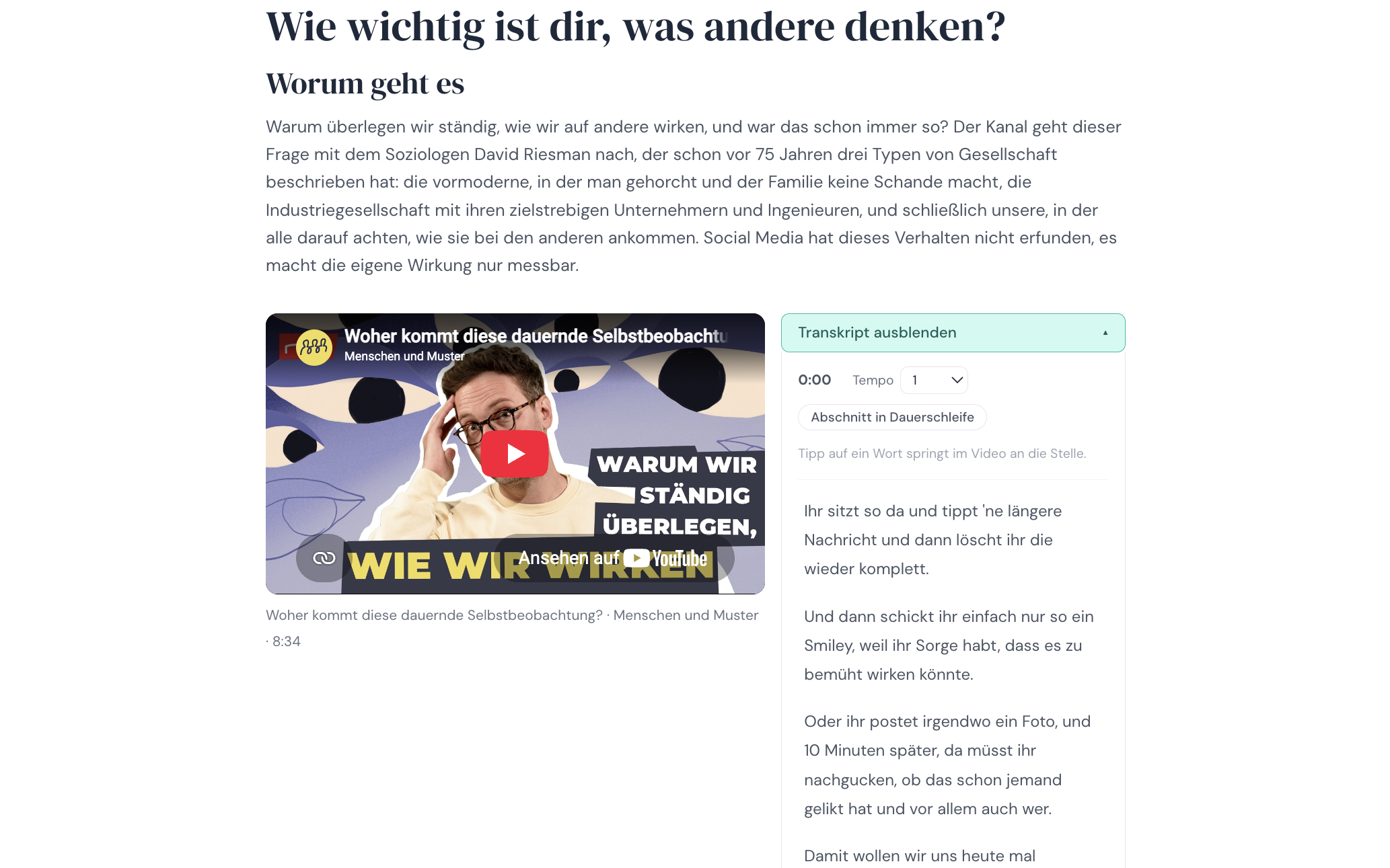 Einheitsseite mit dem Video und dem klickbaren Transkript daneben.