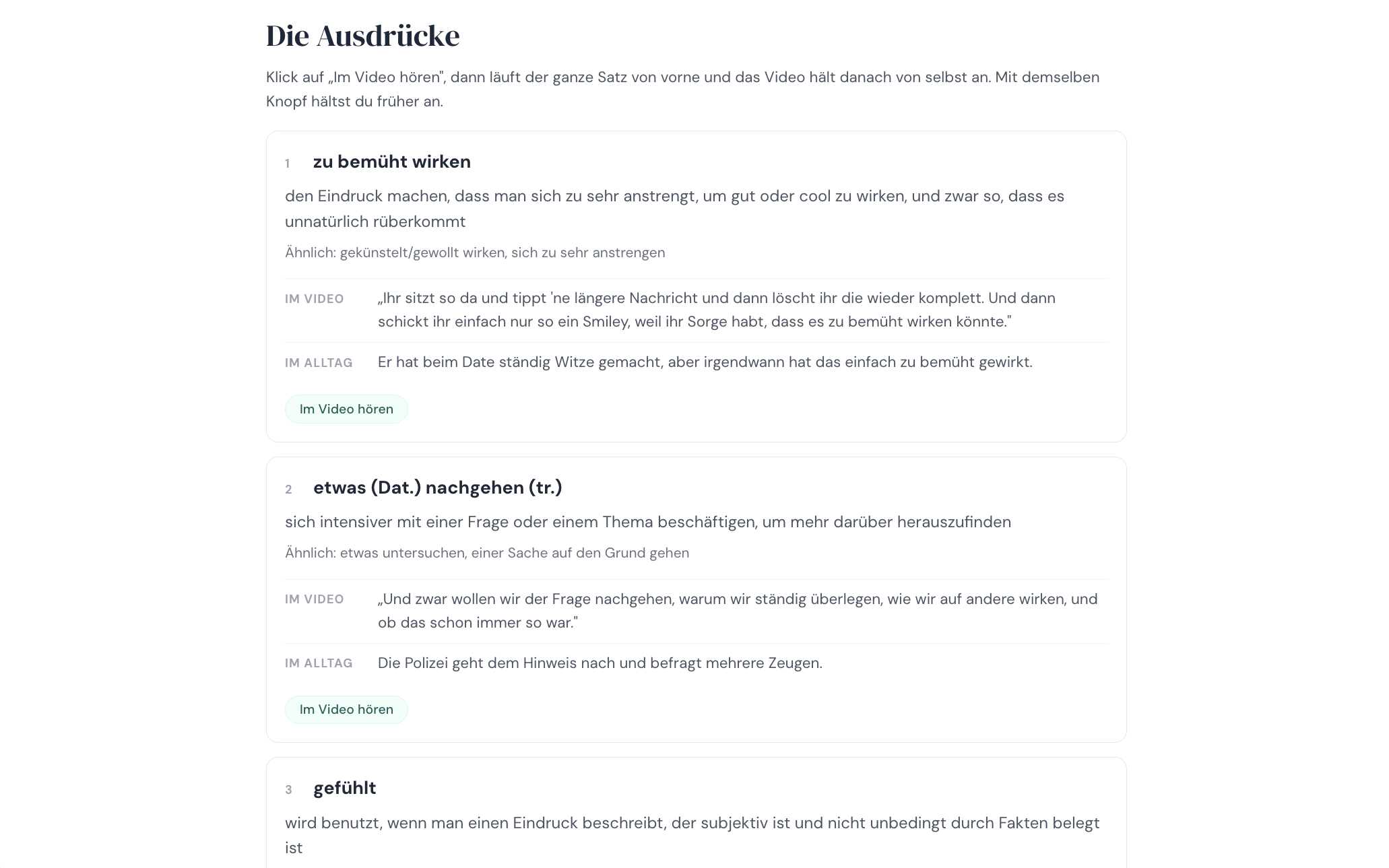 Ein Ausdruck aus der Einheit mit Bedeutung, ähnlichen Ausdrücken und zwei Beispielsätzen.